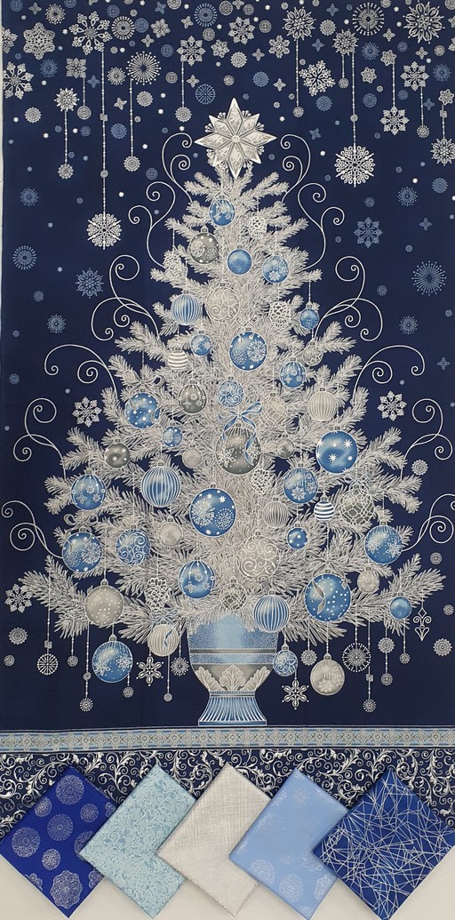 Christmas Tree Panel and Fat Quarter Combo - Blue and Silver