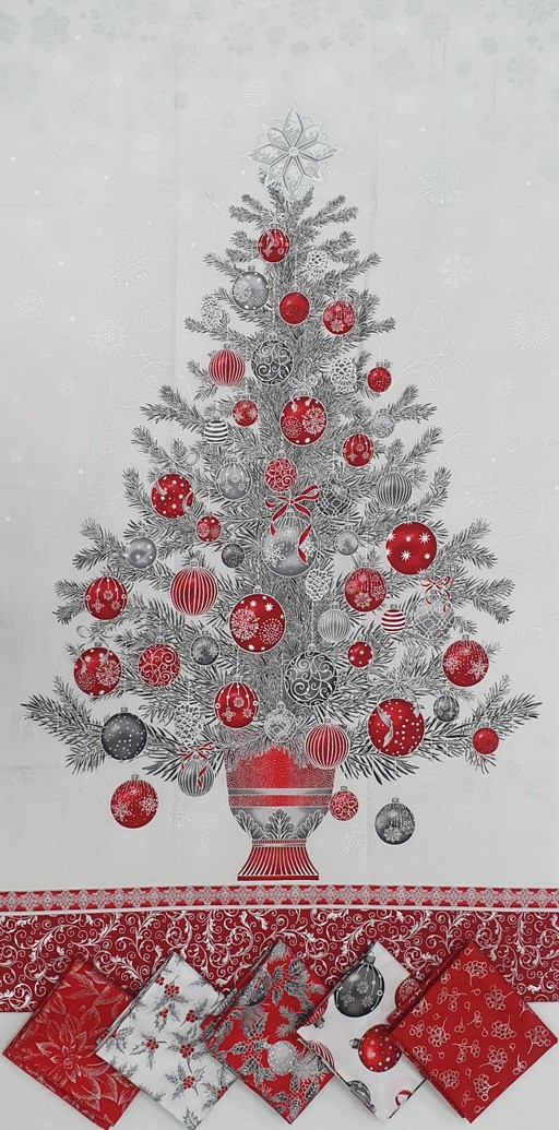 Christmas Tree Panel and Fat Quarter Combo - Red and Silver